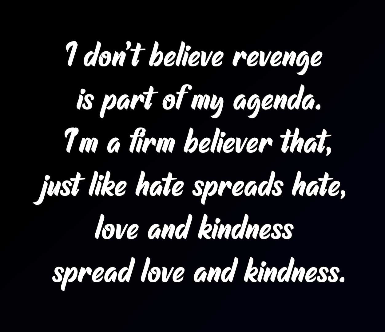 I don't believe revenge is part of my agenda. I'm a firm believer that, just like hate spreads hate, love and kindness spread love and kindness.