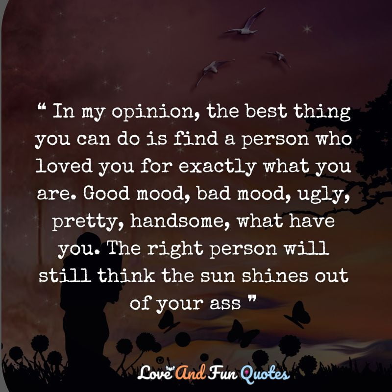 ❝ In my opinion, the best thing you can do is find a person who loved you for exactly what you are. Good mood, bad mood, ugly, pretty, handsome, what have you. The right person will still think the sun shines out of your ass ❞