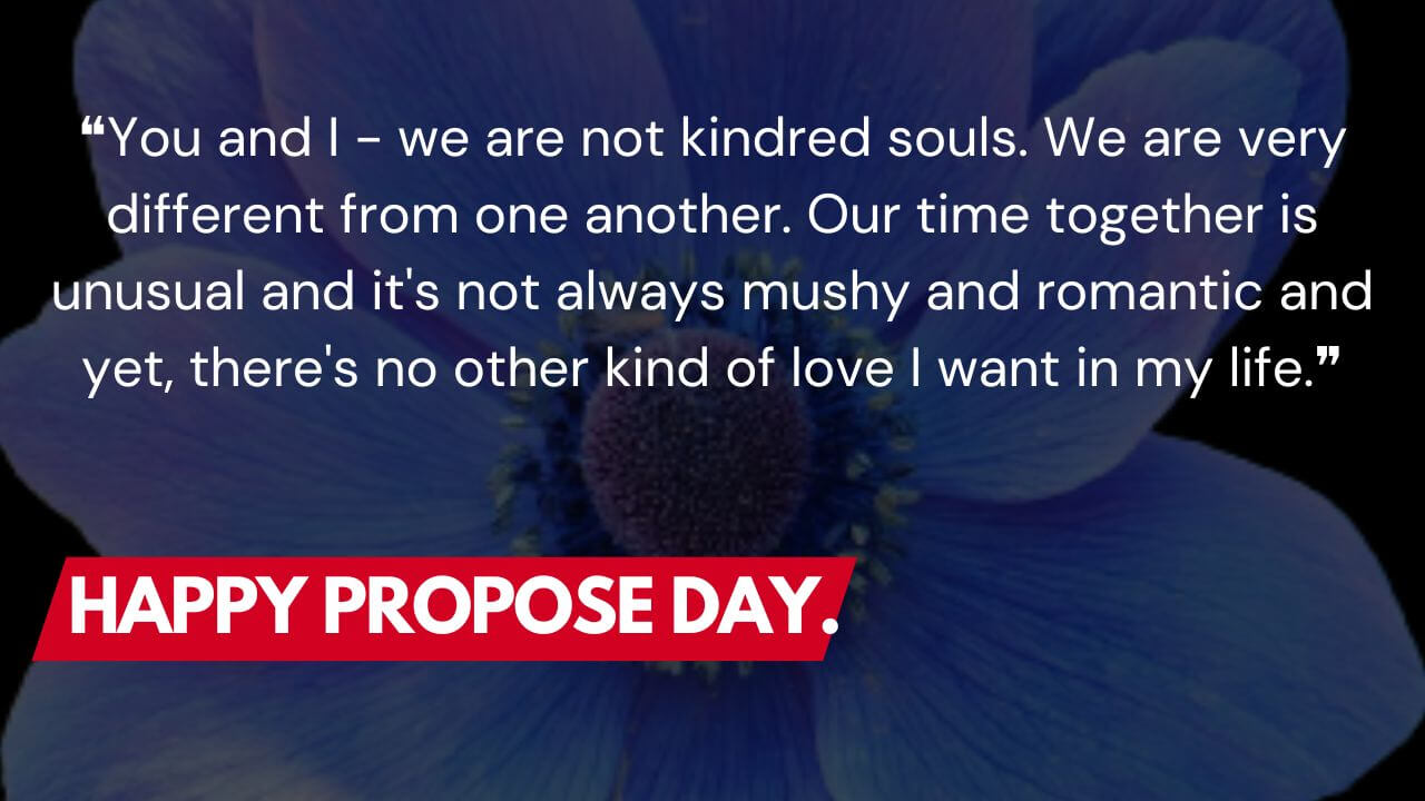 Happy Propose Day. images ❝You and I - we are not kindred souls. We are very different from one another. Our time together is unusual and it's not always mushy and romantic and yet, there's no other kind of love I want in my life.❞